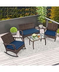 Gymax Set of 4 Wicker Rocking Set with Loveseat and Coffee Table Heavy-Duty Metal Frame