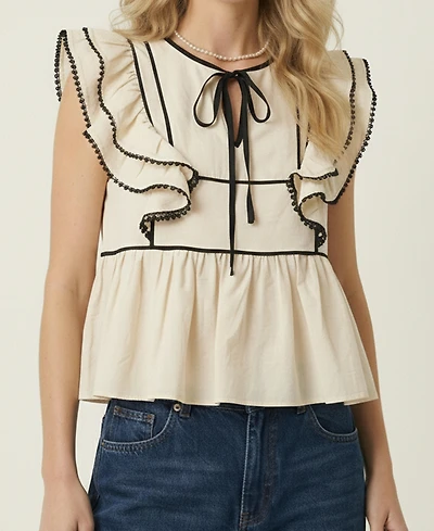 Modenaire Women's Ruffle-Sleeve Contrast-Trim Peplum Top
