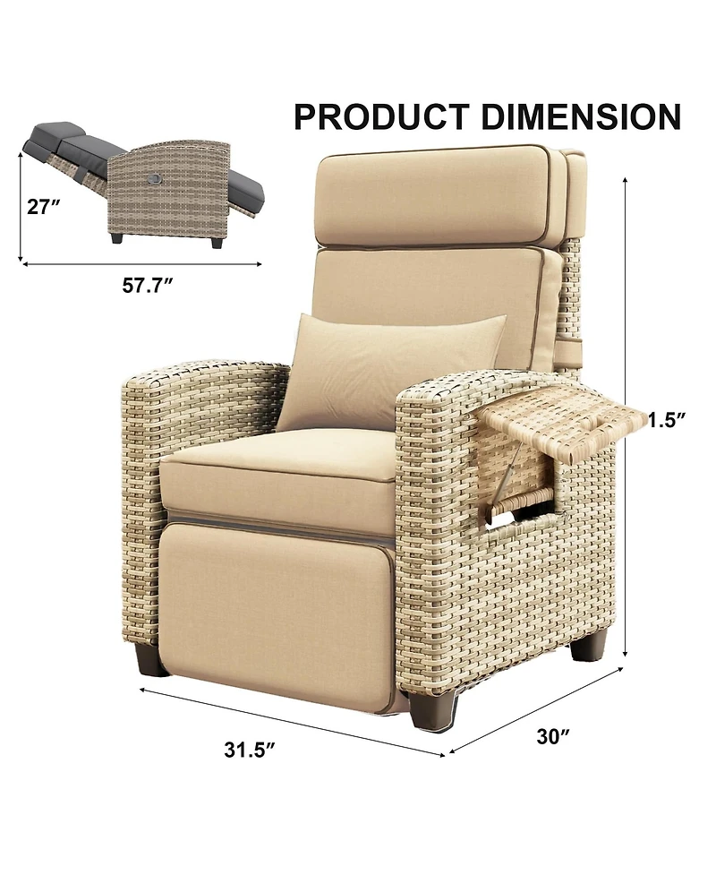 homfan Adjustable 150degree(s) Reclining Rattan Patio Chair – Outdoor Wicker Lounge with Air Pump, Cushion, Turn over-Up Side Table, Footrest