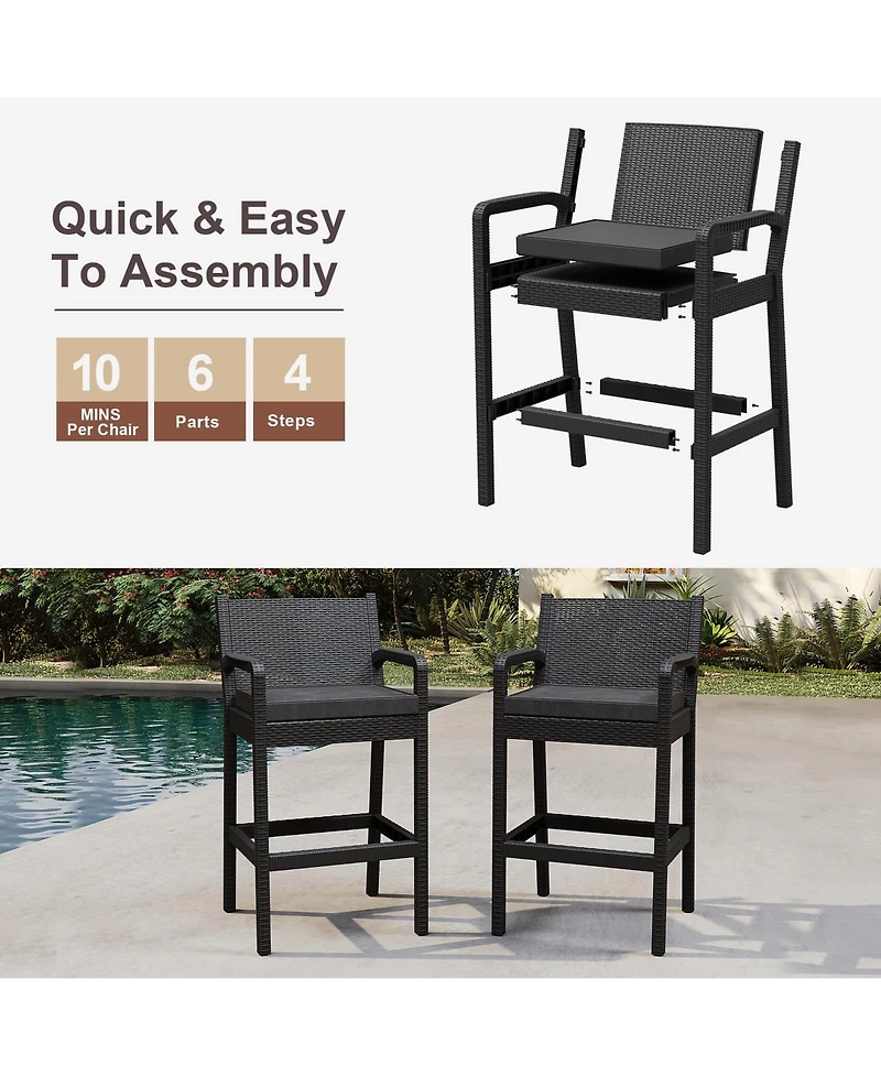 homfan set of 4 patio wicker bar stools with 30" counter height, thick cushions, backrest and footrest, ideal for backyard or pool seating.