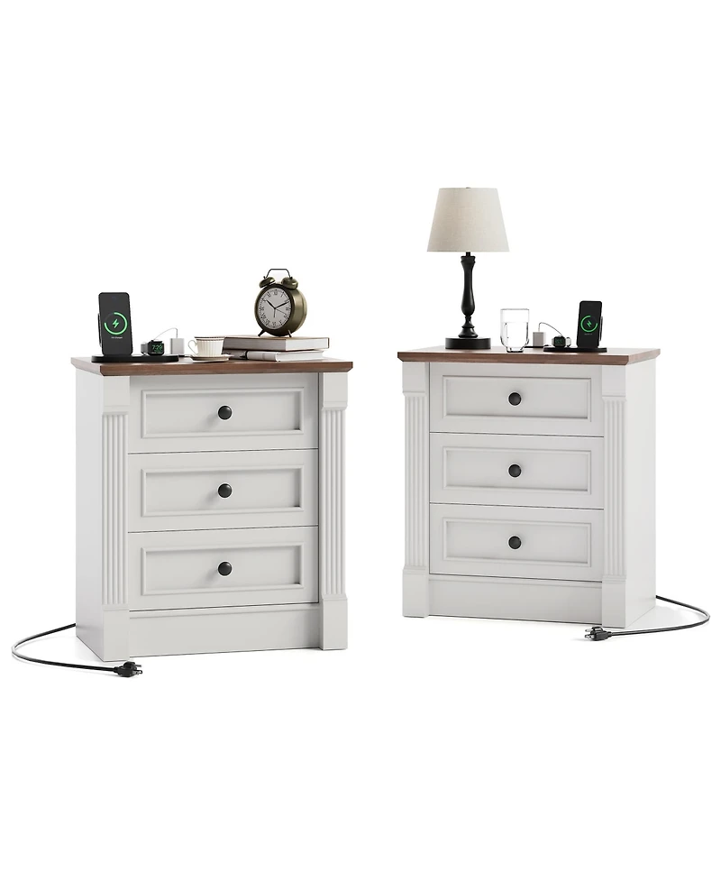 gaomon 23.6" Farmhouse Nightstand with Charging Station, 3 Drawers, Rustic Wood Bedside Table, Roman Column Design for Bedroom/Living