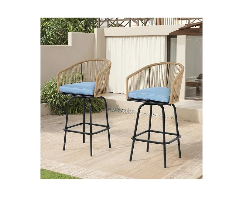 sumyeg Outdoor Bar Stools Set of 2, Rattan Bar Chairs with Armrests and Backrest for Patio or Garden