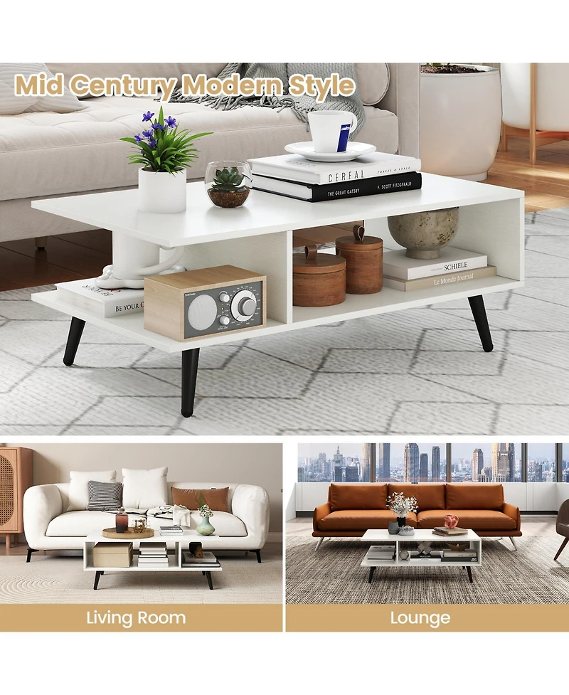 Gymax 2-Tier Coffee Table w/ Compartments and Metal Legs Rectangle Tea Cocktail Table