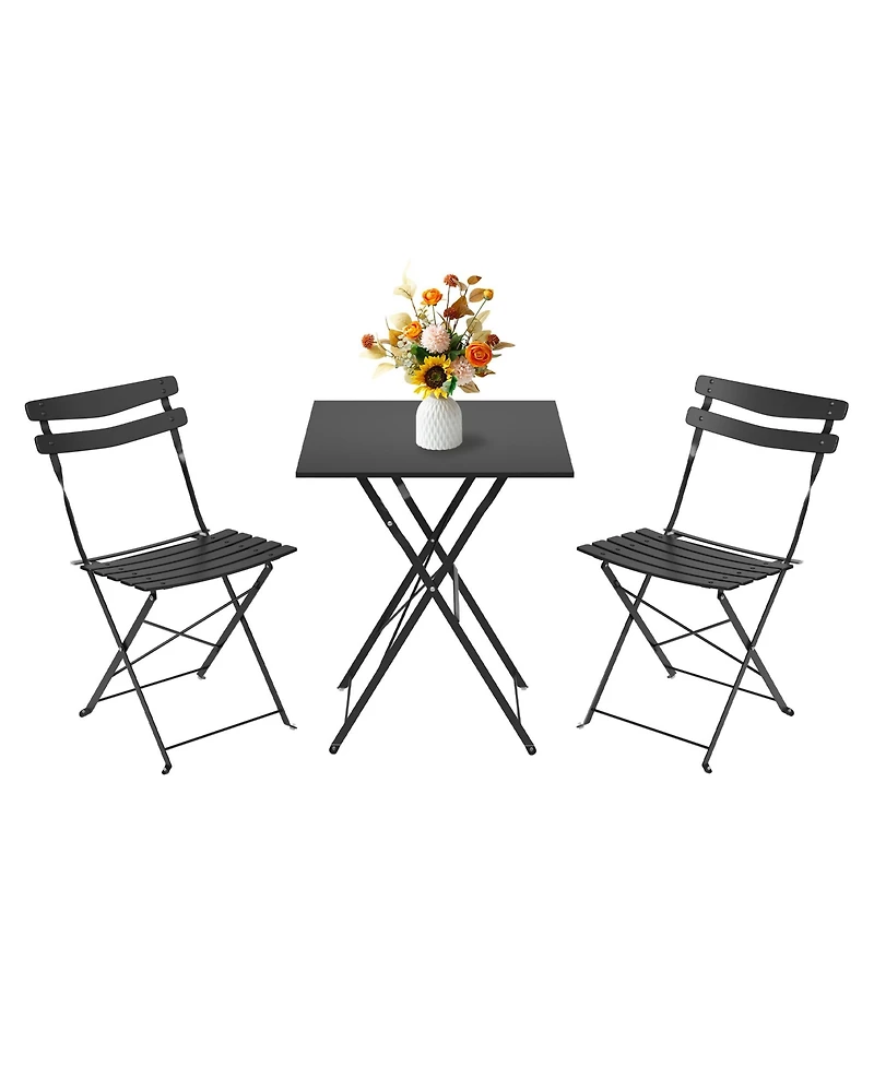homfan 3-Piece Foldable Patio Bistro Set, Metal Square Table and 2 Folding Chairs for Outdoor Indoor Balcony Porch Deck Garden