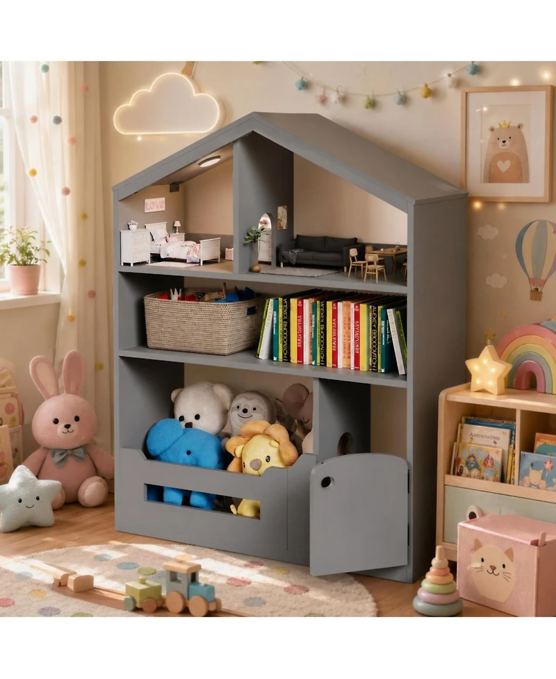 homfan 3-Tier Kids Bookshelf and Toy Storage with Toy Storage and Motion Sensor Light, 36.6" Wide Wooden Bookcase for Nursery, Playroom and Bedroom