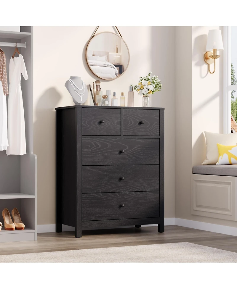 homfan Modern 5 Drawer Dresser for Bedroom - Tall Wooden Chest, Storage Organizer, Drawers Entryway, Hallway, Closet, Kids Room, Home Office