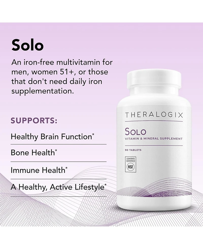 Theralogix Solo Multivitamin and Multimineral Supplement -90-Day Supply - Iron-Free Multivitamin - Vitamin D3, Vitamin C and B Vitamins