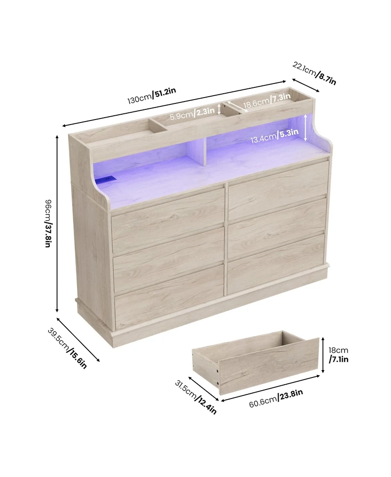 homfan Modern 6-Drawer Dresser and 51" Tv Stand - Led Lighting, Built-in Power Outlet, Spacious Storage Cabinet with Open Shelves