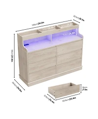 homfan Modern 6-Drawer Dresser and 51" Tv Stand - Led Lighting, Built-in Power Outlet, Spacious Storage Cabinet with Open Shelves