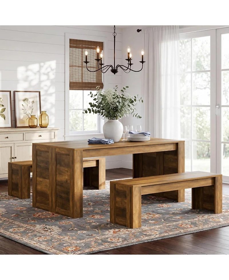 Tribesigns Farmhouse Dining Table Set for 4-6, Wooden Kitchen Table with 2 Benches