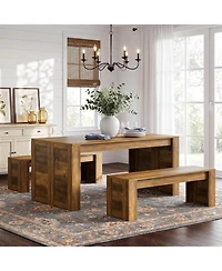 Tribesigns Farmhouse Dining Table Set for 4-6, Wooden Kitchen Table with 2 Benches