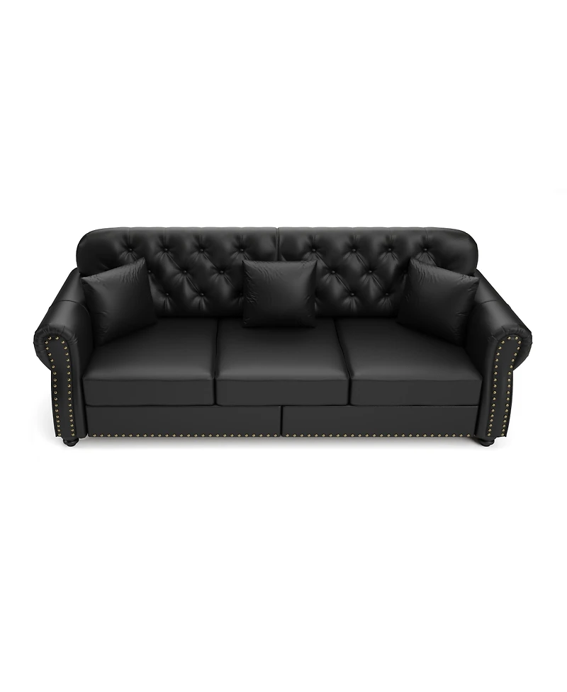 Streamdale Furniture Faux Leather Chesterfield Sofa with Nailhead Trim and 2 Pillows
