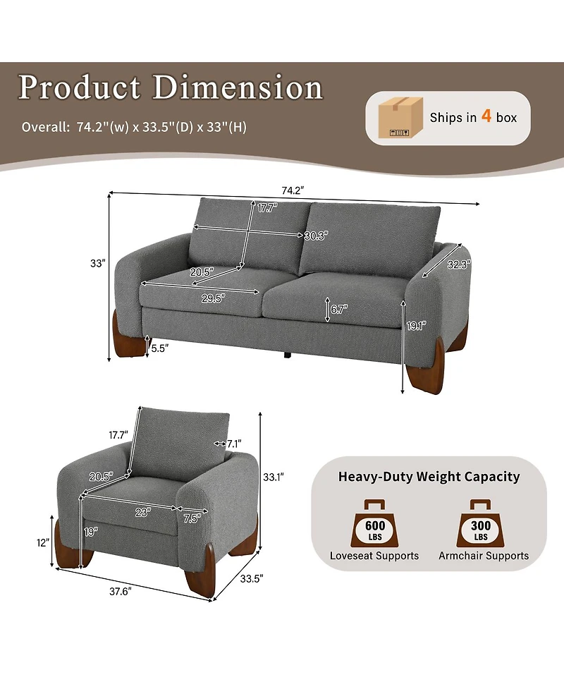 Streamdale Furniture 3-Piece Modern Boucle Sofa Set: 1 Loveseat and 2 Armchairs