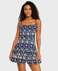 Alexa & Sophia Juniors' Scoop Neck Embroidered Voile Dress with Skirt Ruffle and Lace Trim Detail