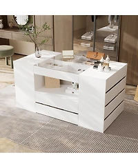 Homsee Modern 63 Inch 14-Drawer Island Cabinet - 4mm Tempered Glass | Laminate Finish