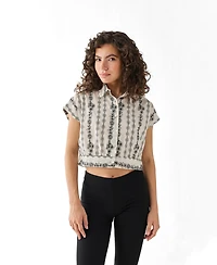 Reistor Women's Floral Embroidered Oversized Cropped Shirt