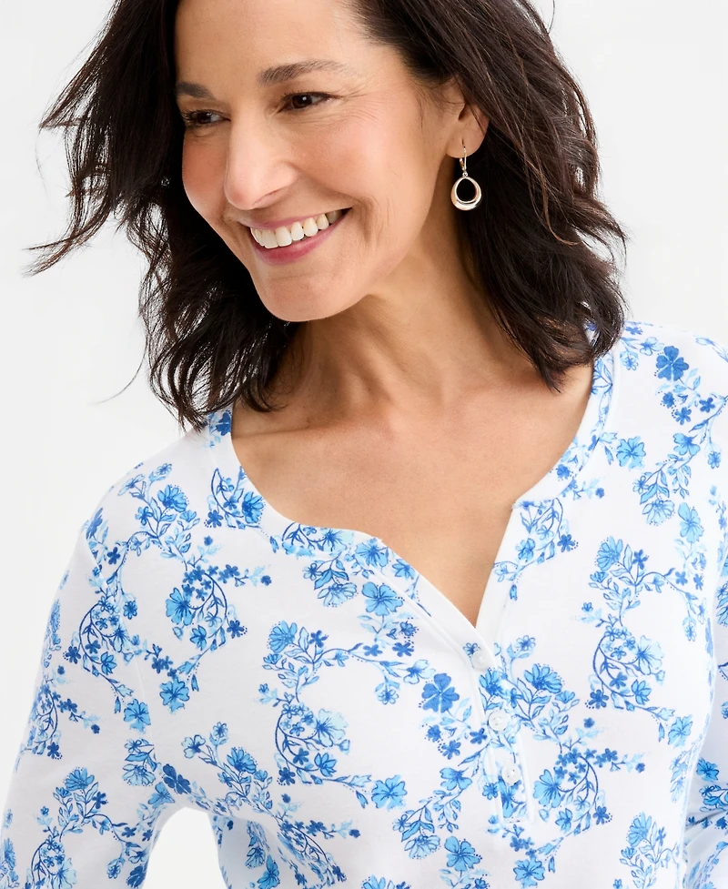 Style & Co Women's Printed 3/4-Sleeve Henley Top, Macy's Exclusive
