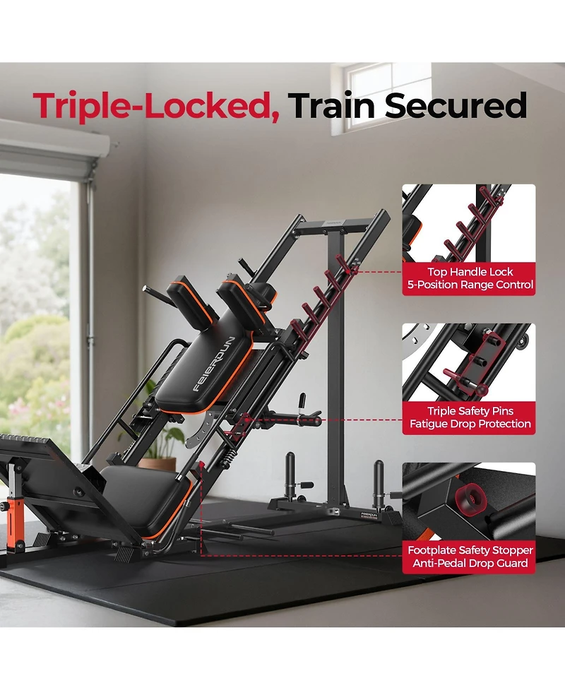 Fed Fitness 3 in 1 Leg Press Hack Squat Machine with Ultra-Quiet Pulley System, Adjustable Leg Press Machine with Stretch Board