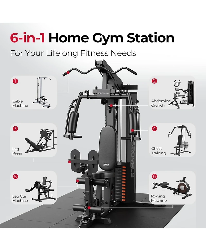 Fed Fitness Home Gym Station with Mesh Cover, 150LBS Weight Stack Multifunctional Workout Equipment Leg Press for Full Body Strength Training