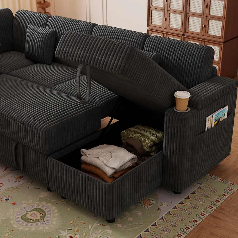Streamdale Furniture U-Shaped Corduroy Sofa Bed with Usb, Storage, and Cup Holders
