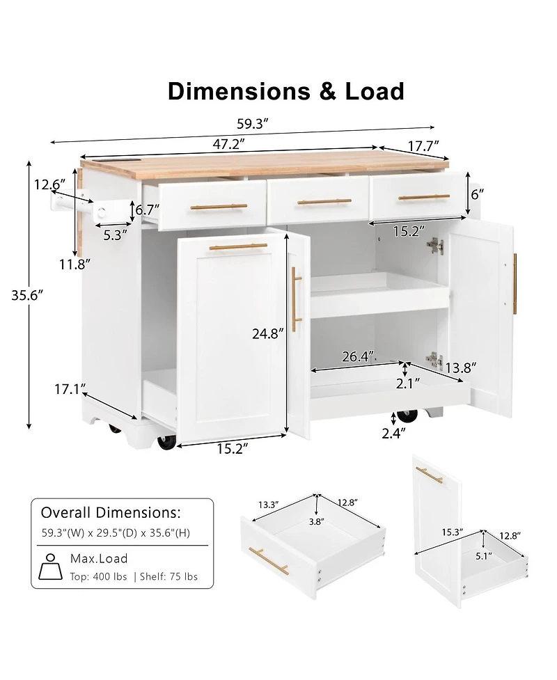 Streamdale Furniture 59.3 inch Rolling Kitchen Island with Drop Leaf, Storage, Power Outlet and Trash Bin