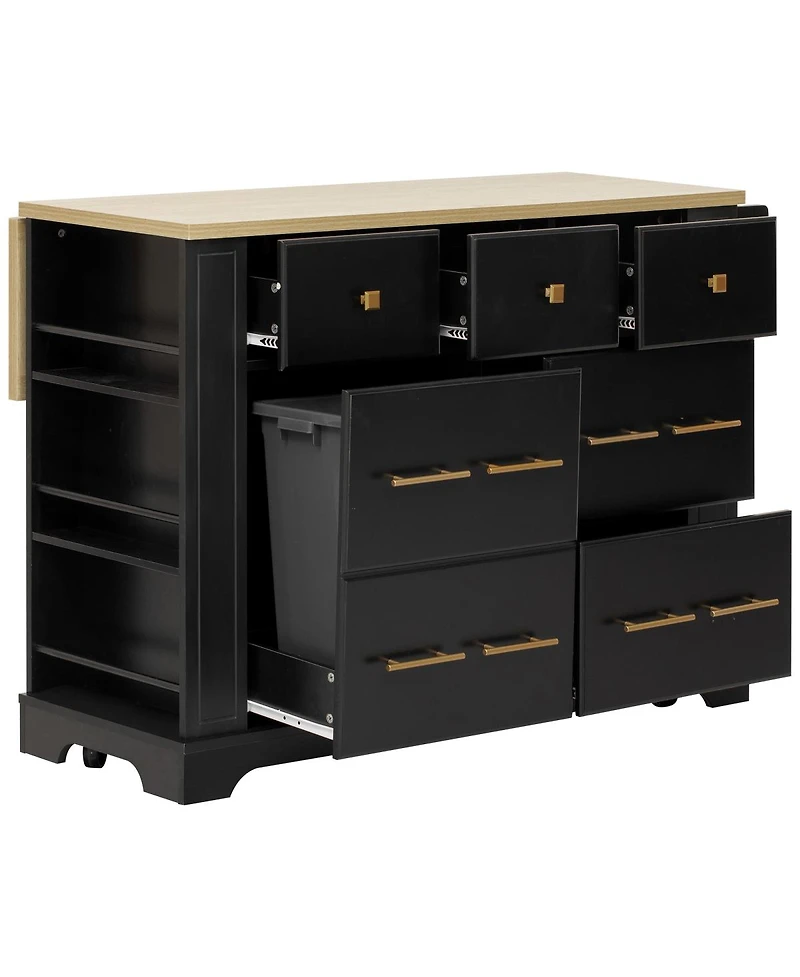 Streamdale Furniture Kitchen Island with Drop Leaf, 6 Drawers, Trash Storage and Power Outlet