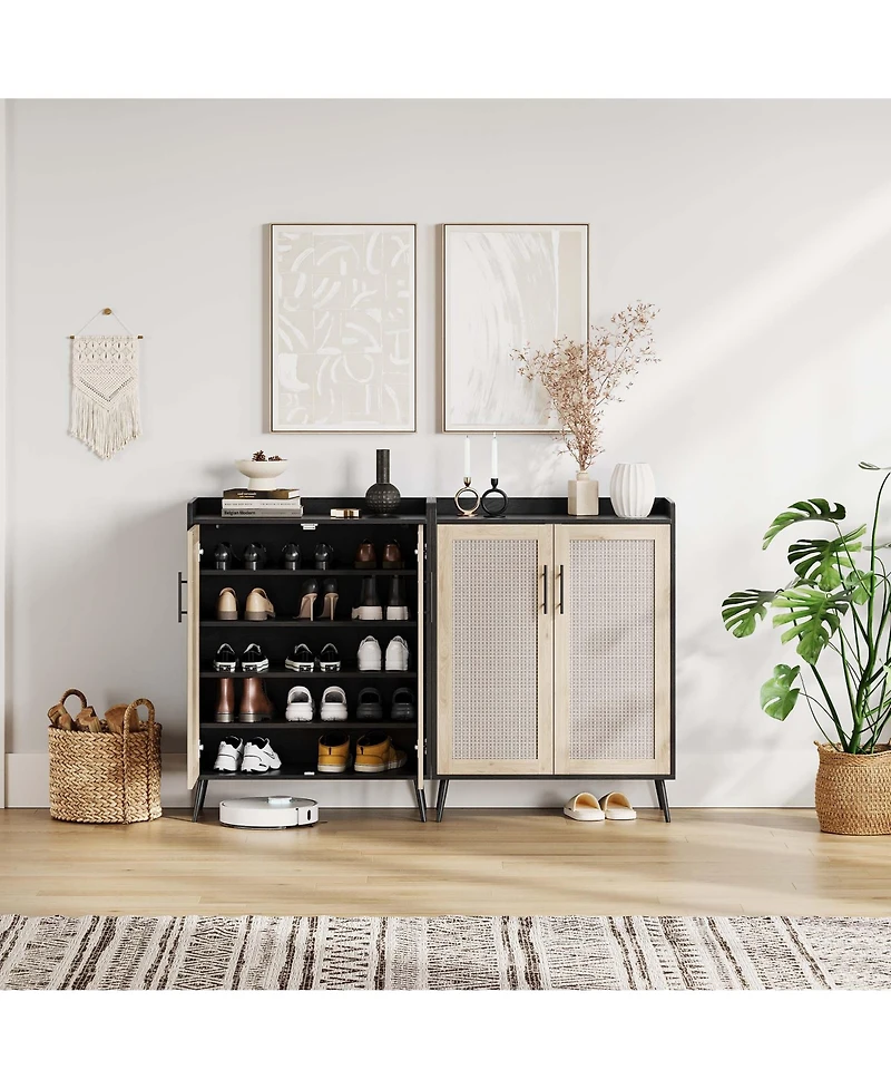 homfan Modern Rattan Dresser Shoe Cabinet - 5-Tier Adjustable Shelves and Doors - Freestanding Storage Organizer for Entryway, Bedroom, Living Room