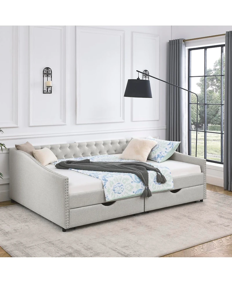 Streamdale Furniture Tufted Upholstered Queen Daybed with Drawers and Nailhead Trim