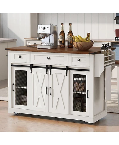 Streamdale Furniture 58inch Farmhouse Rolling Kitchen Island with Storage, Drop Leaf and Barn Door