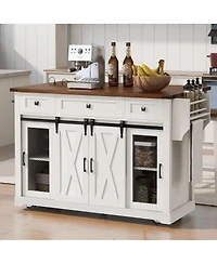 Streamdale Furniture 58inch Farmhouse Rolling Kitchen Island with Storage, Drop Leaf and Barn Door