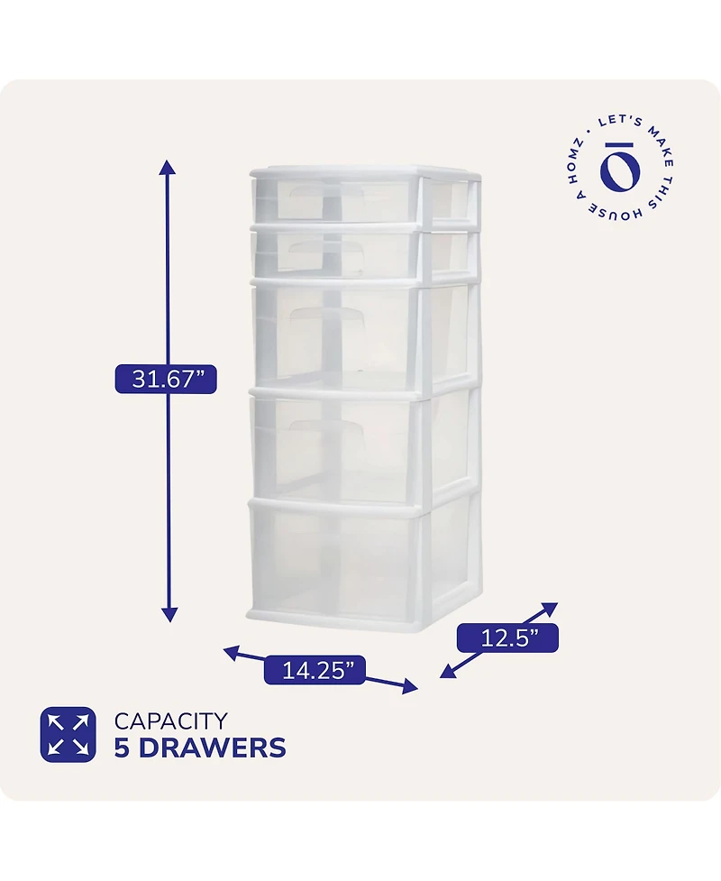 Homz Plastic 5 Drawer Medium Home Storage Cart, White Frame with Clear Drawer