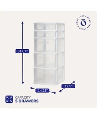 Homz Plastic 5 Drawer Medium Home Storage Cart, White Frame with Clear Drawer