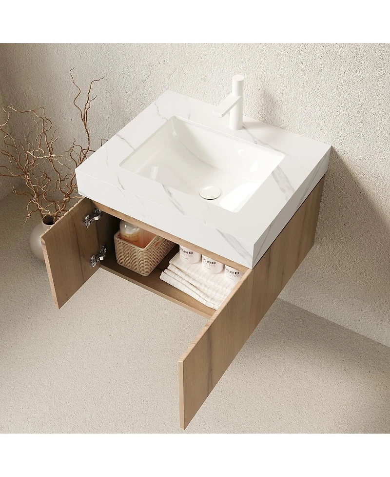 Sillysis Inch Wall Mounted Bathroom Vanity with Carrara Sintered Stone Top, Undermount Ceramic Sink, Soft Close Storage, Pre-assembled