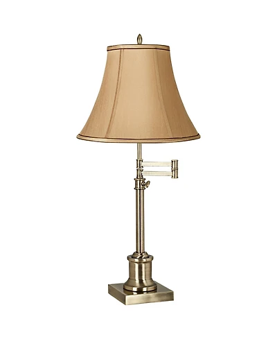360 Lighting Traditional Swing Arm Desk Table Lamp Adjustable Height 36" Tall Antique Brass Fabric Bell Shade for Living Room Bedroom