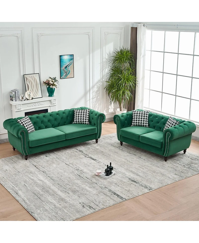 Streamdale Furniture Chesterfield Velvet 3+2 Seater Sofa with Roll Armrest and Nailhead