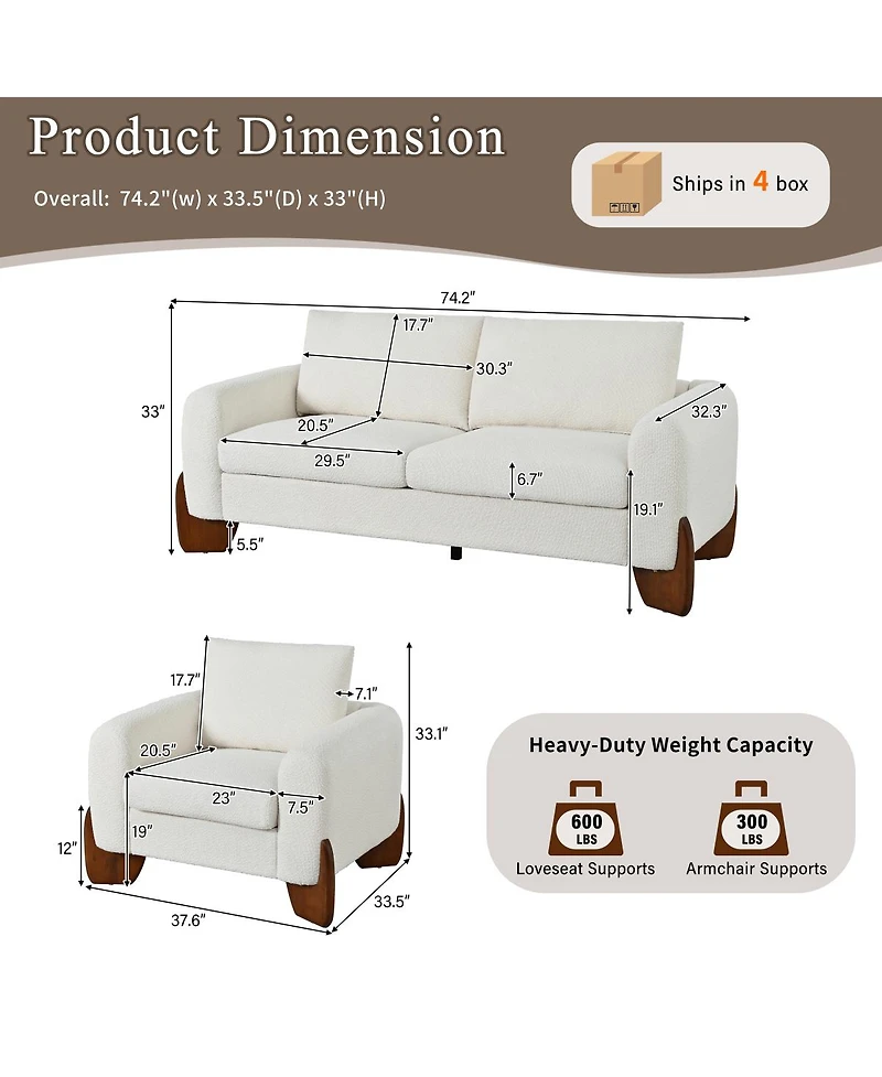 Streamdale Furniture 3-Piece Modern Boucle Sofa Set: 1 Loveseat and 2 Armchairs