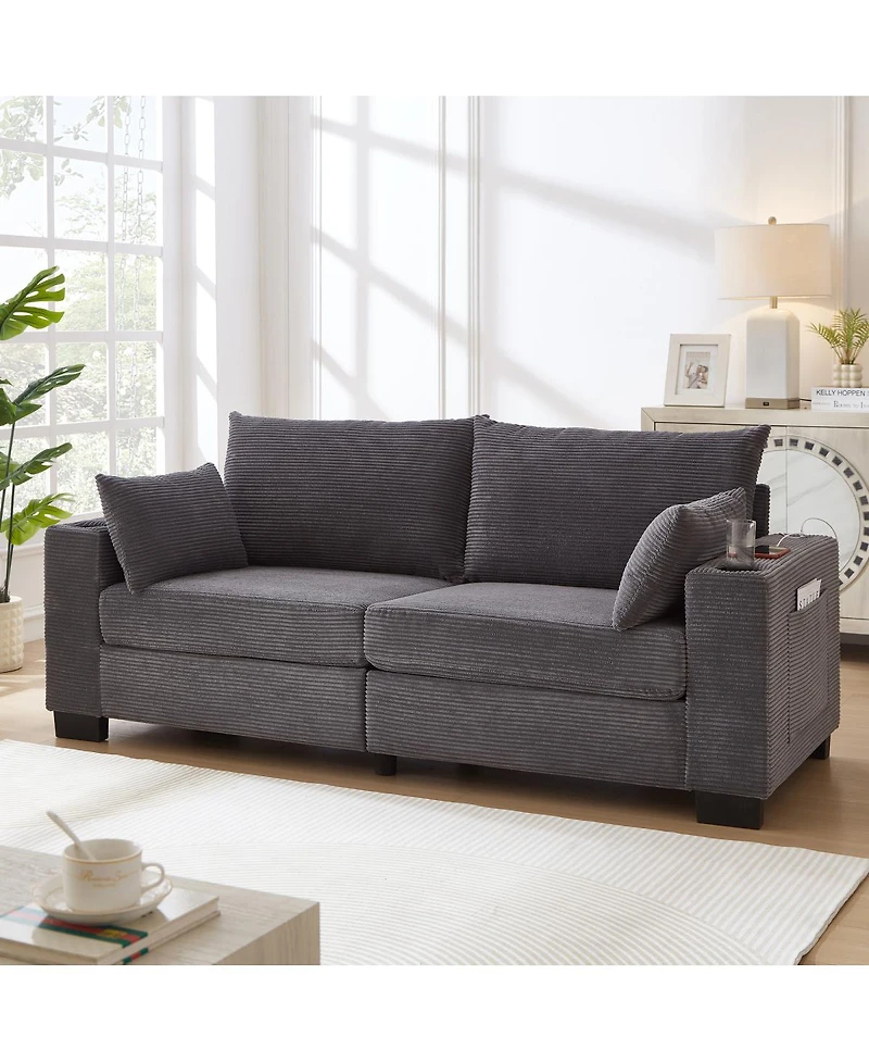 Streamdale Furniture 78" Modern Corduroy 3-Seater Sofa with Usb, Cup Holders, and Side Pocket