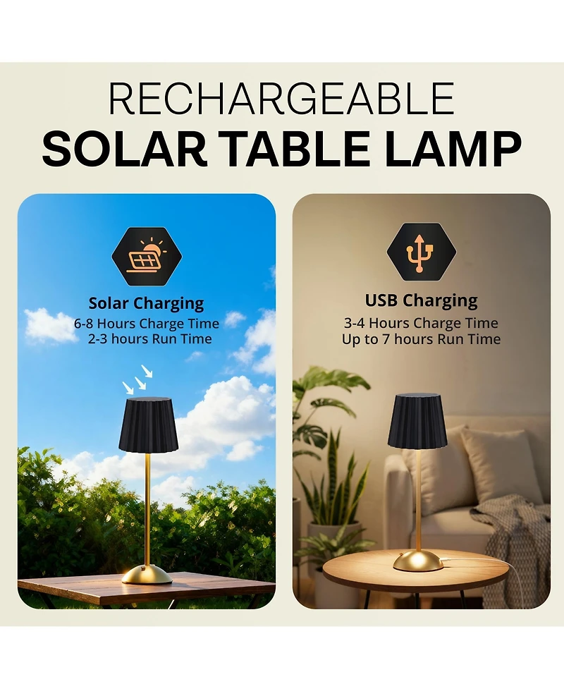 Bell + Howell Rechargeable Solar Wide Pleated Design Portable Indoor Outdoor Led Dimmable Modes Table Lamp