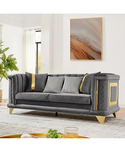 Streamdale Furniture 89" Velvet 3-Seater Luxury Sofa with Gold Trim and Tufted Texture