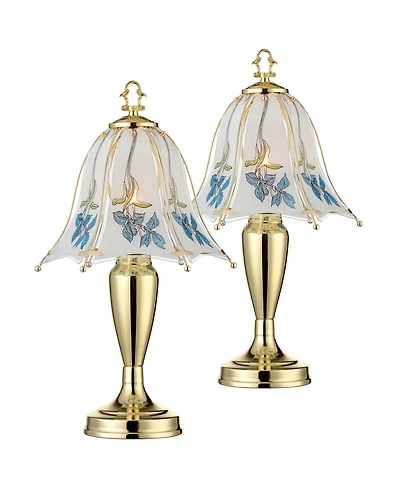 Regency Hill Country Cottage Accent Table Lamps 18" High Set of 2 Brass Touch On Off Floral Glass Shade for Bedroom Living Room Nightstand Family
