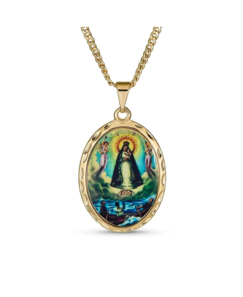 Bling Jewelry Religious Medal Oval Medallion Mother Virgin Mary Color Photo Pendant Necklace Gold Plated