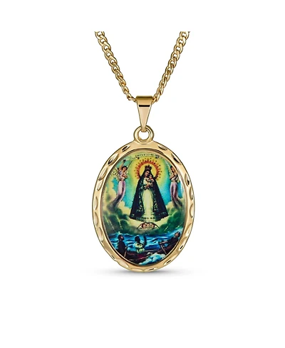 Bling Jewelry Religious Medal Oval Medallion Mother Virgin Mary Color Photo Pendant Necklace Gold Plated