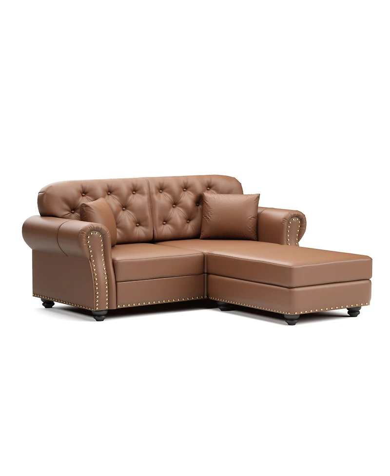 Streamdale Furniture 63" Faux Leather Chesterfield Sofa with Nailhead Trim and 2 Pillows