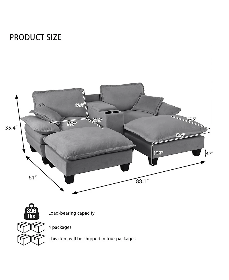 Streamdale Furniture Modular Cloud Couch with Storage, Usb, 2 Ottomans and Pillows