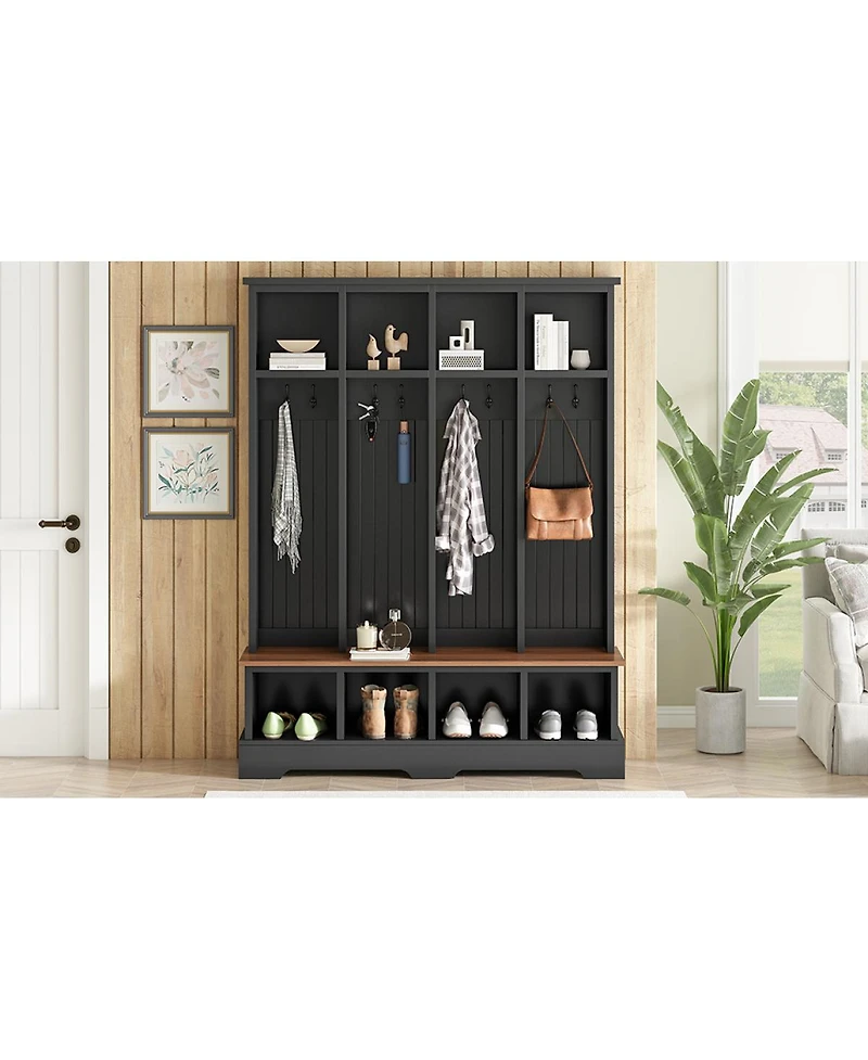 Streamdale Furniture Farmhouse 3-in-1 Hall Tree with Bench, 8 Hooks, and Shoe Storage