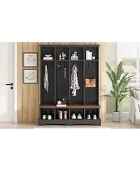 Streamdale Furniture Farmhouse 3-in-1 Hall Tree with Bench, 8 Hooks, and Shoe Storage