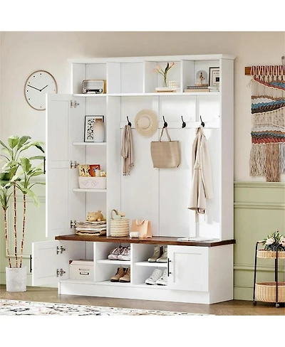 Streamdale Furniture 3-in-1 Farmhouse Hall Tree with Storage Bench and 6 Hooks, 55"W