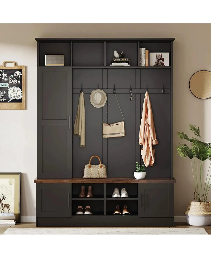 Streamdale Furniture 3-in-1 Farmhouse Hall Tree with Storage Bench and 6 Hooks, 55"W