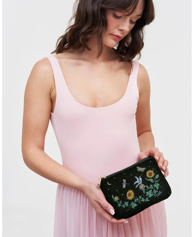 Fable England Women's Sunflower Velvet Embroidered Pouch