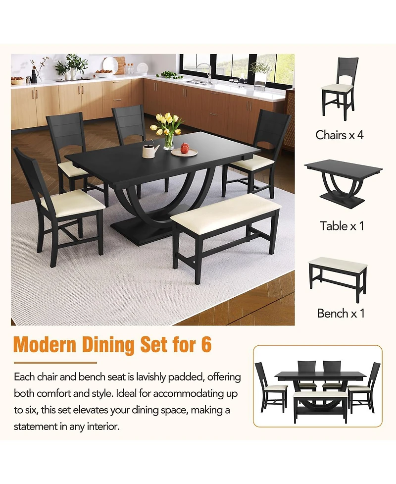 Streamdale Furniture 6 Piece Wood Half Round Dining Table Set with Bench and 4 Chairs